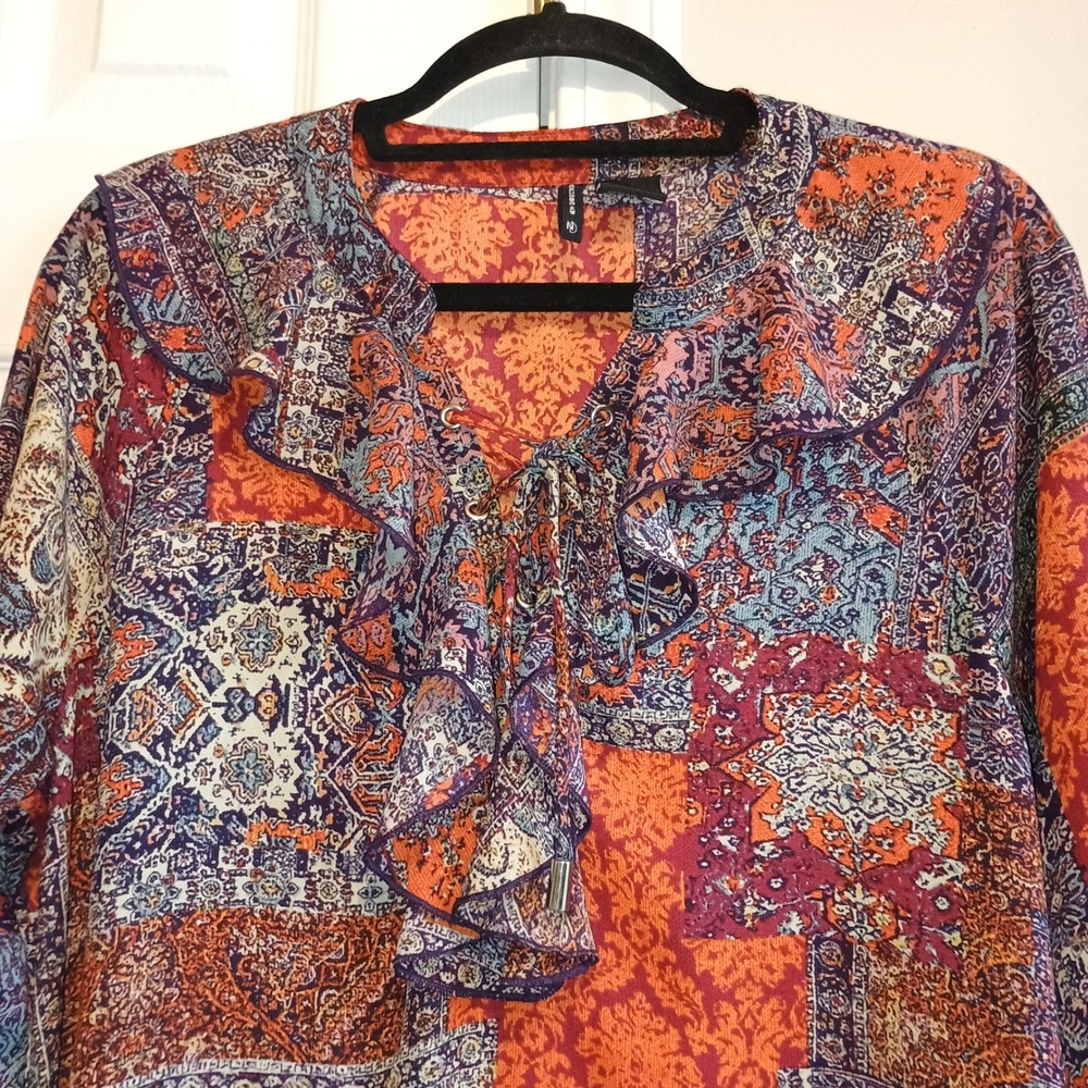 New Directions L Orange Print‎ Blouse Ruffle Neck Bell Sleeve Boho Bohemian Top - Picture 4 of 9